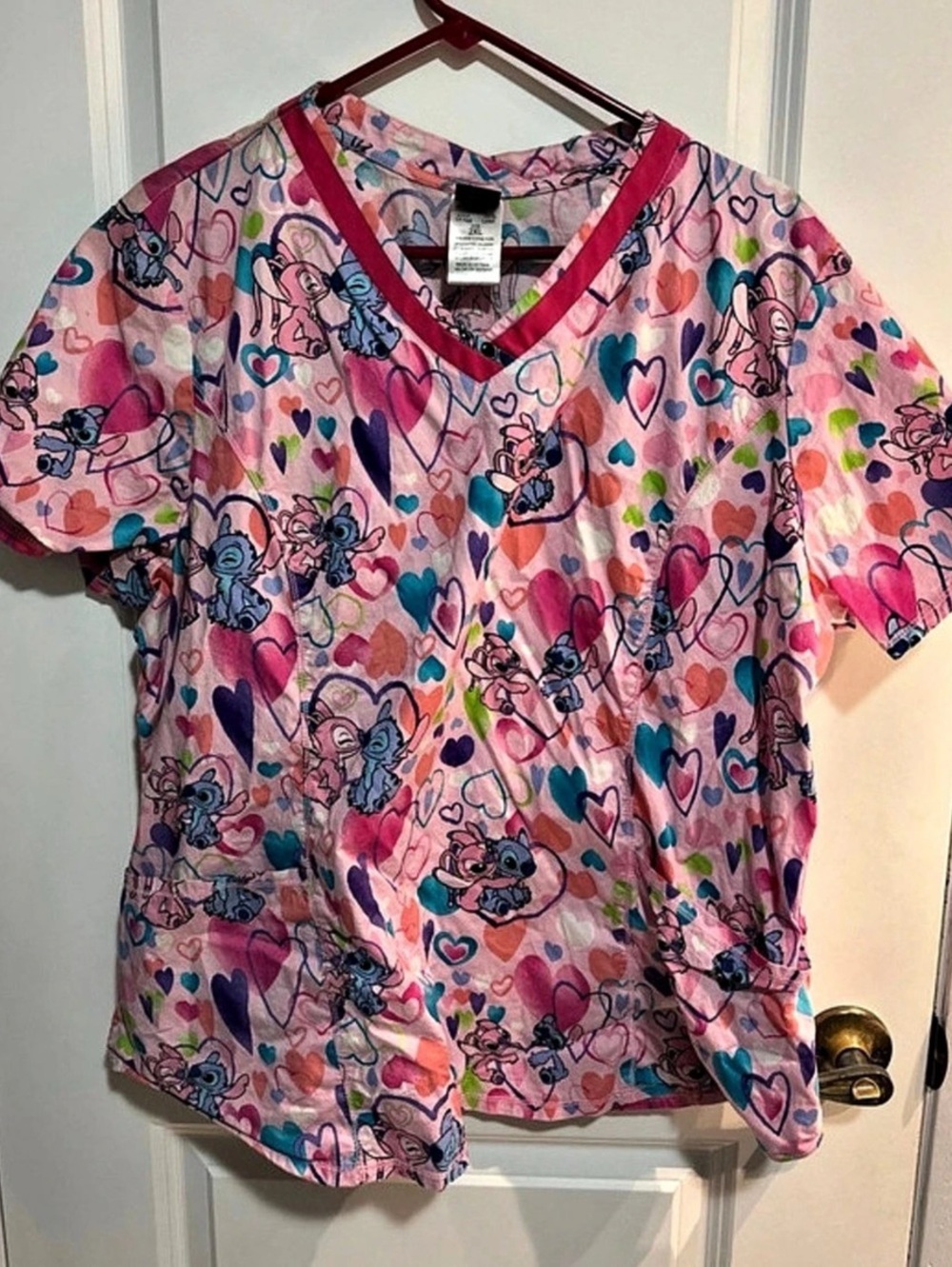 Disney Stitch Heart All Over Print Scrub Top Pink & Blue 2XL
